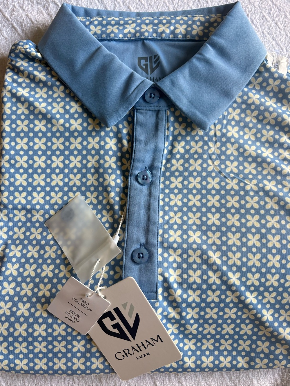 GRAHAM LUXE Light Blue White Floral Polo Golf Shirt Fixed Collar Stay Men M NWT